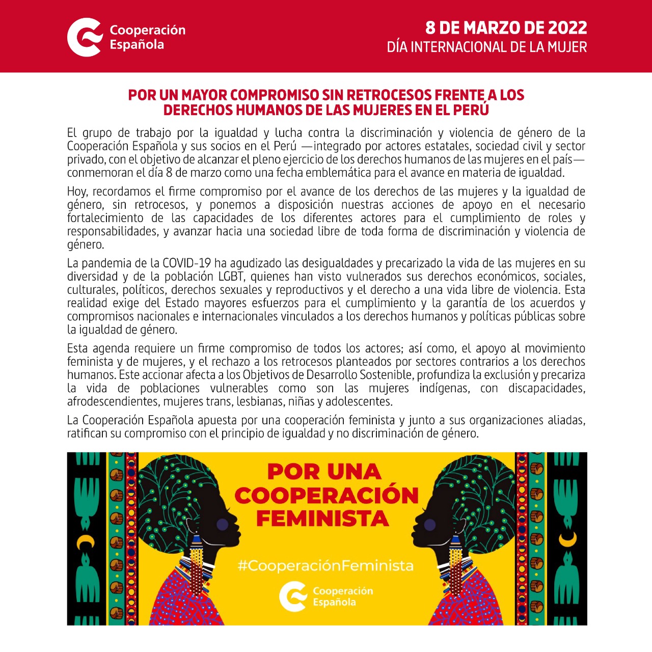 La Cooperación Española y organizaciones aliadas en la línea de género se pronuncian por el Día ...